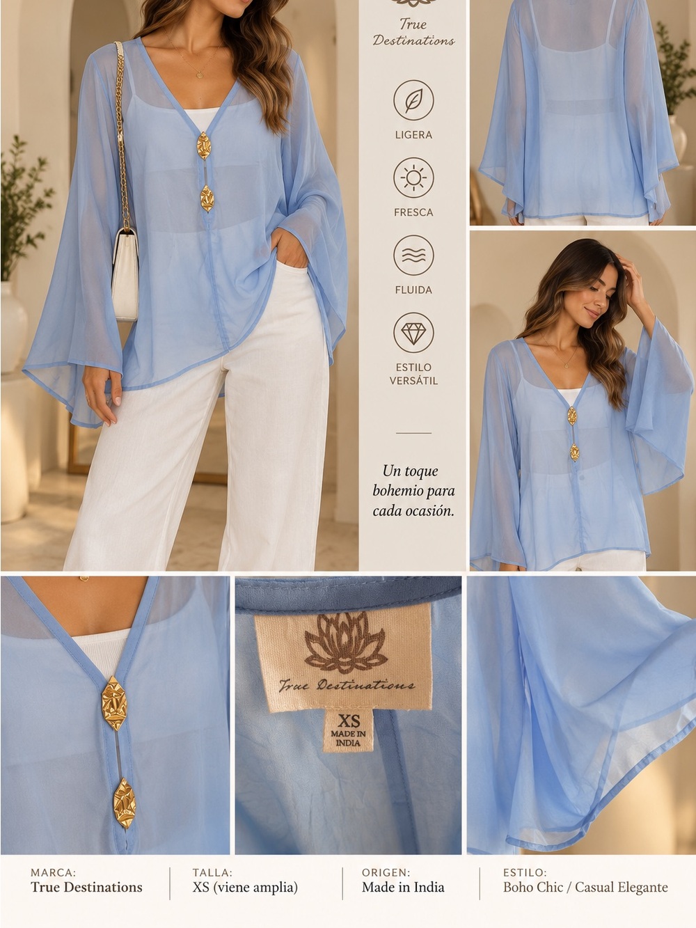 Light Blue Sheer V-Neck Blouse with Gold Accent Buttons